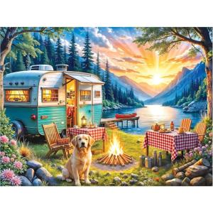 RoseArt – Kodak Premium 350 Piece Puzzle – Sunset Camper with Golden Retriever, Vibrant Lakeside Scene, Jigsaw Puzzle for Adults, 24″ x 18″ Finished Size