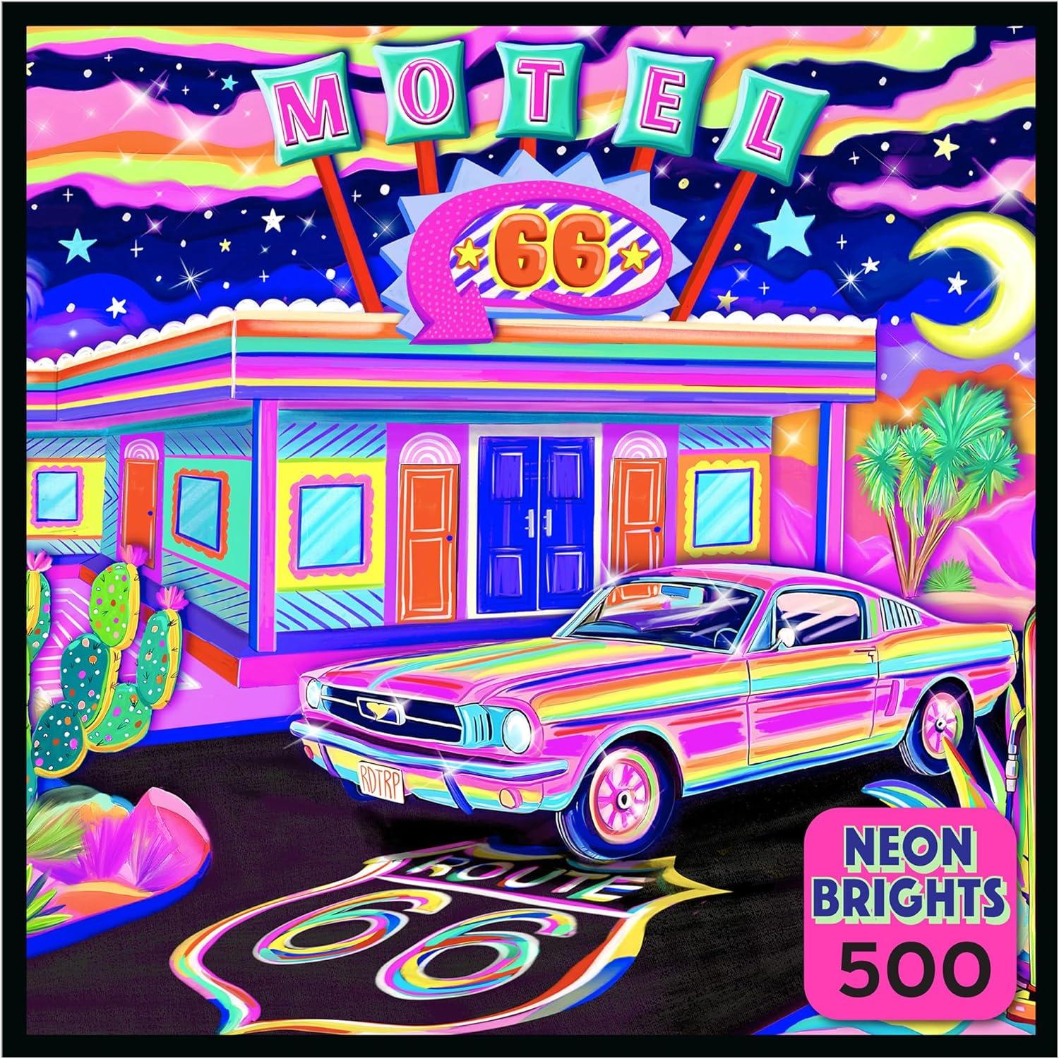 image:imageRoseArt Neon Brights 1980s 500 Piece Jigsaw Puzzle RetroInspired Vibrant Neon Colors Ages 12 and UpRoute 66 Night