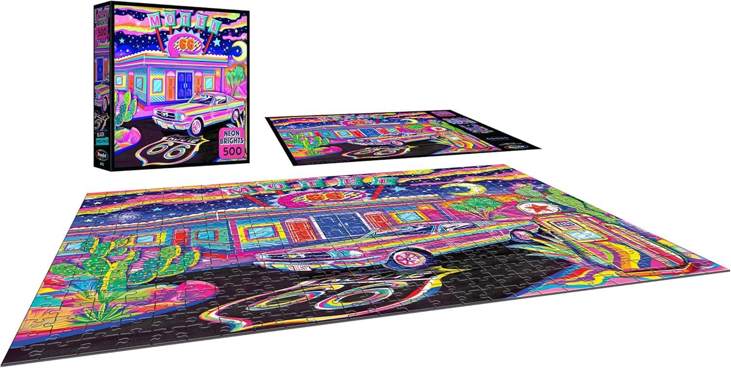 image:imageRoseArt Neon Brights 1980s 500 Piece Jigsaw Puzzle RetroInspired Vibrant Neon Colors Ages 12 and UpRoute 66 Night