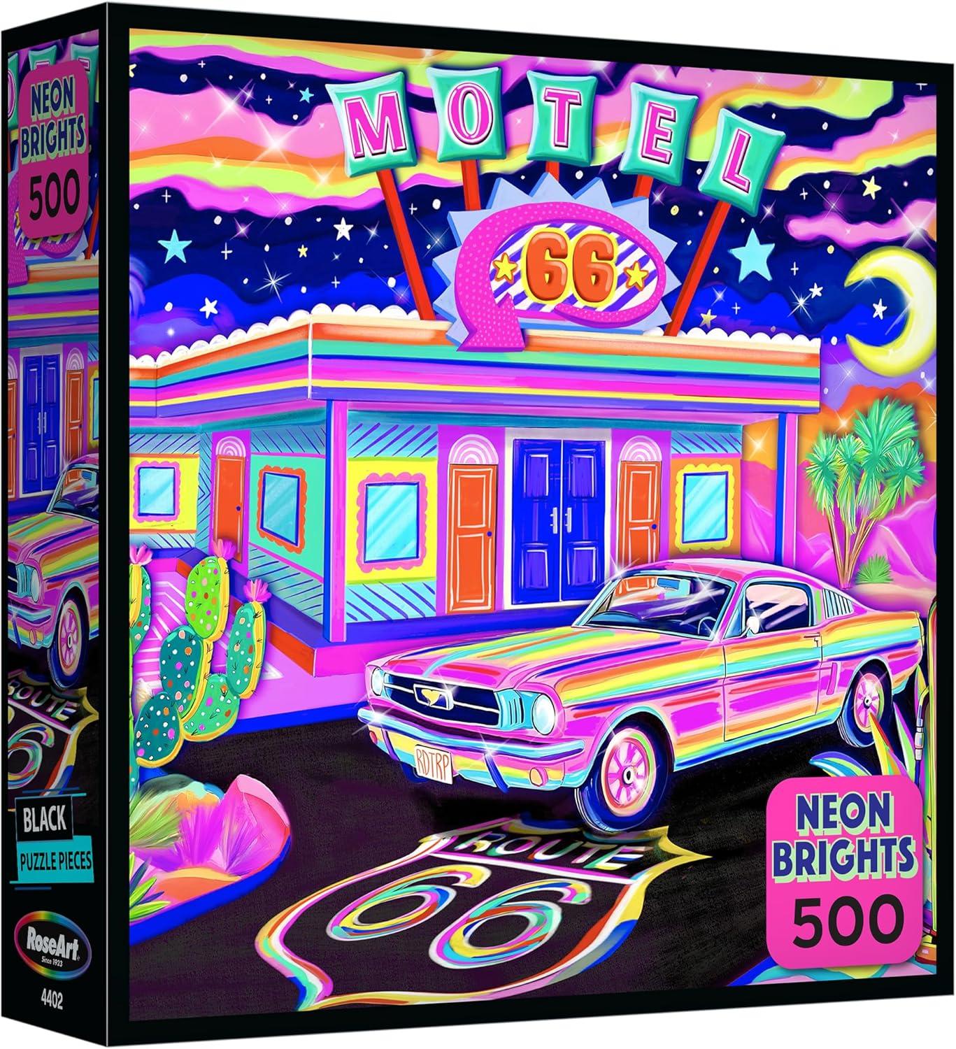 image:imageRoseArt Neon Brights 1980s 500 Piece Jigsaw Puzzle RetroInspired Vibrant Neon Colors Ages 12 and UpRoute 66 Night