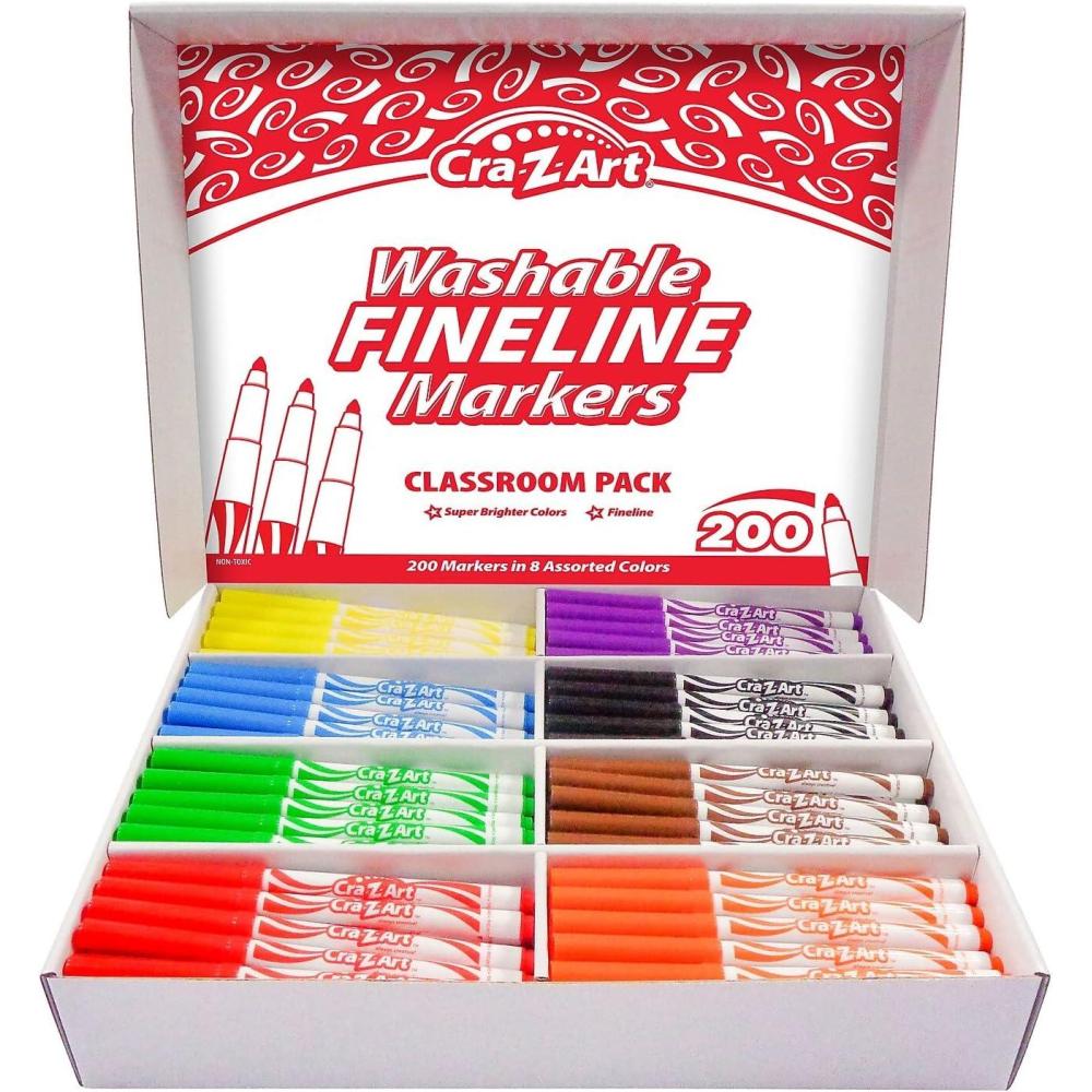 image:imageCraZArt Washable Fine Tip Markers Bulk Class Pack 200ct 8 Assorted Colors Back To School Supply List Essential Bulk Pack for School Supply Rooms and In Class For Teachers