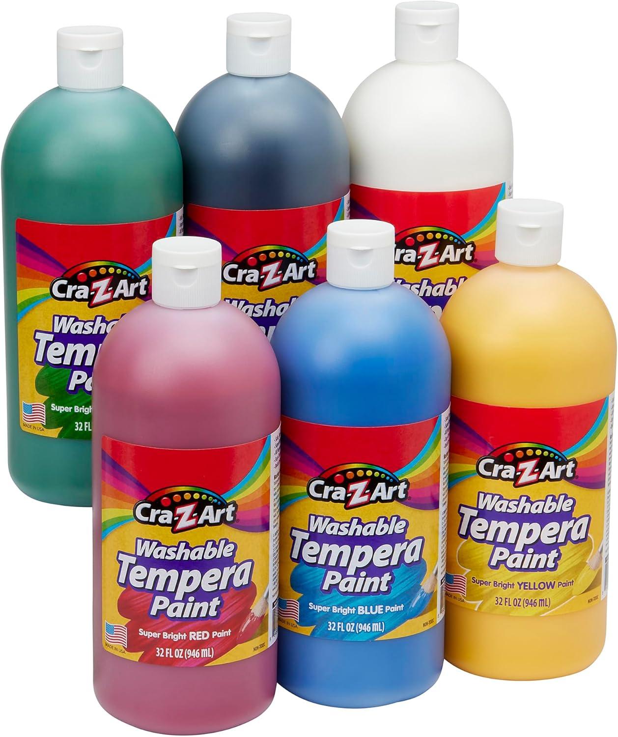 image:imageCraZArt Washable Tempera Paint Bulk Pack 6 Color Set Assorted Colors 32oz each bottle 6 Super Bright Finger Paint Color Great Back to School Teacher Supplies