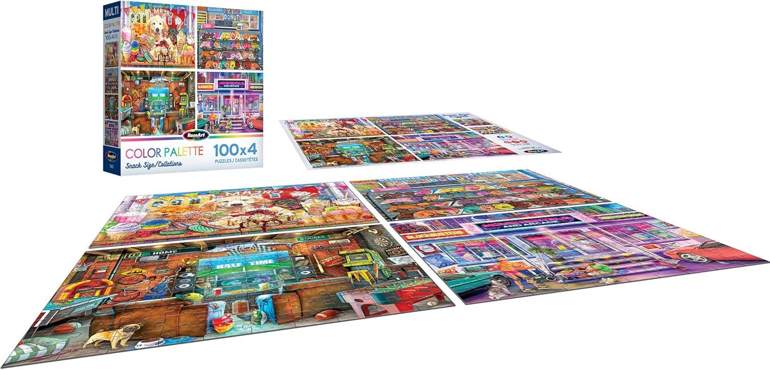 image:imageRoseArt Snack Size MultiPuzzle Set Peanuts 4 x 100 Piece Jigsaw Puzzle for AdultsColor Palette