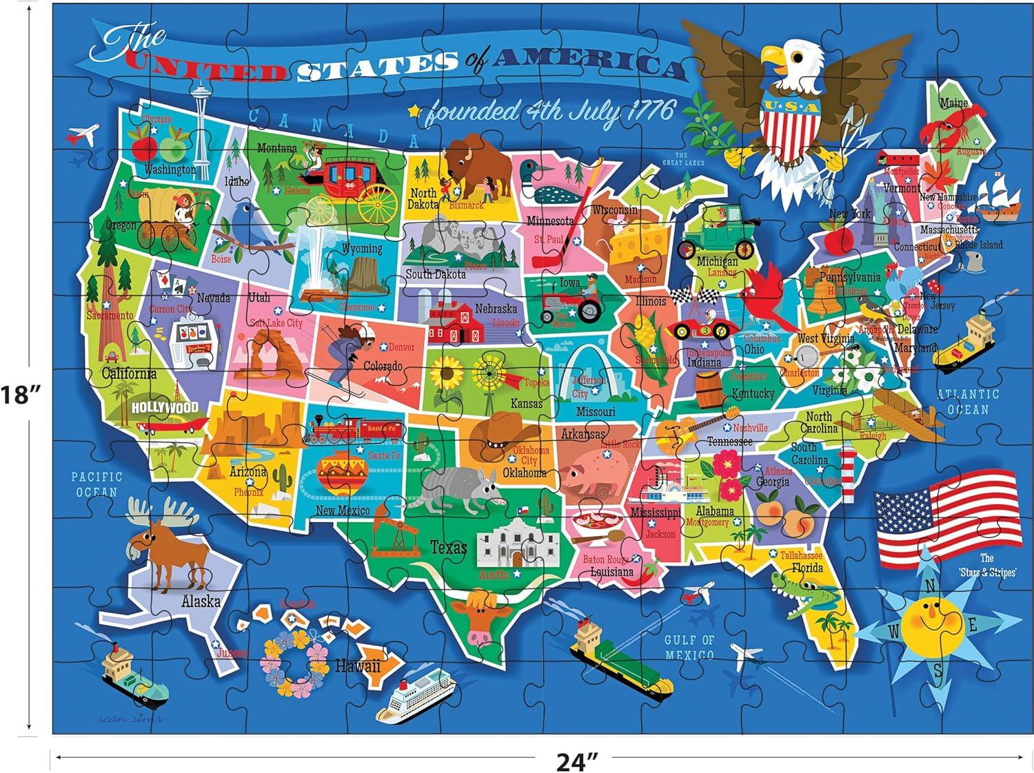 image:imageRoseArt Map of USA Puzzle for Kids 100 Large Pieces 24 x 18 Educational United States Puzzle with Fun State Illustrations Made in USA Learning Toy for Ages 6
