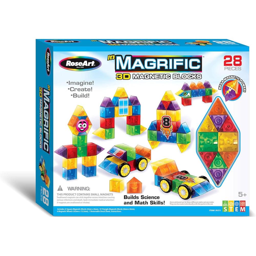 image:imageCraZArt Magrific 3D Magnetic Blocks 28 Piece Set Colorful Magnet Building Tiles with 3D Blocks Vehicle Wheels STEM Skills