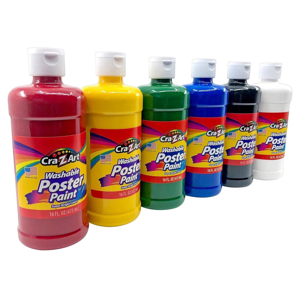 image:imageCraZArt Washable Poster Paint Bulk Assorted Colors 16oz each bottle 6 count