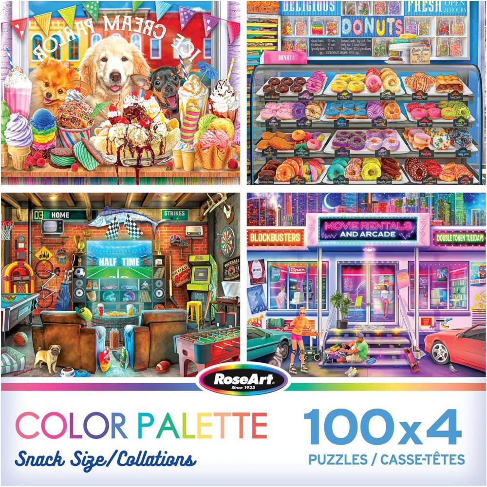 image:imageRoseArt  Snack Size MultiPuzzle Set  Peanuts  4 x 100 Piece Jigsaw Puzzle for AdultsColor Palette