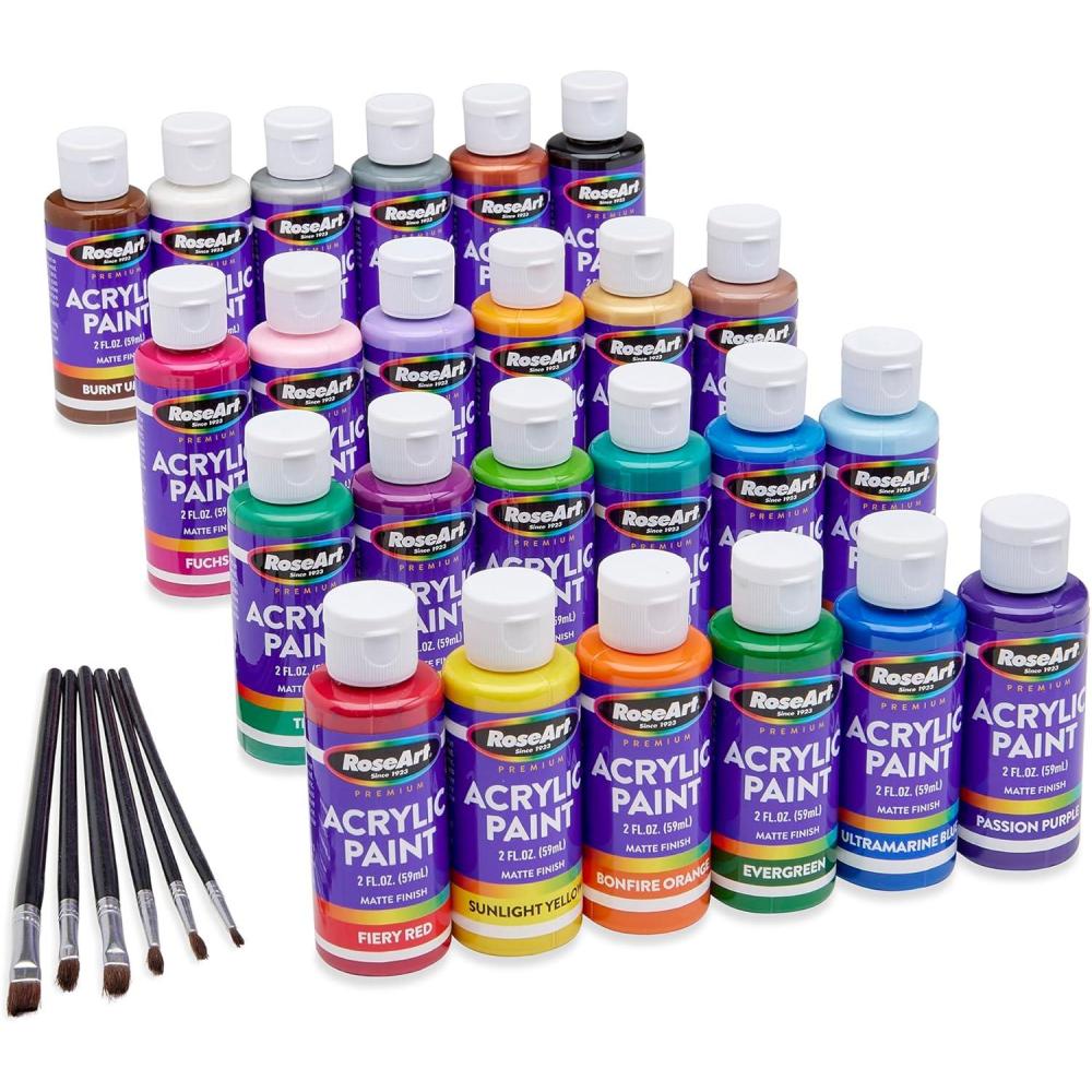 image:imageRoseArt Acrylic Paint Set with Brushes 24 Color Acrylic Paint 2Ounce Bottles each with 6pc Brush Set