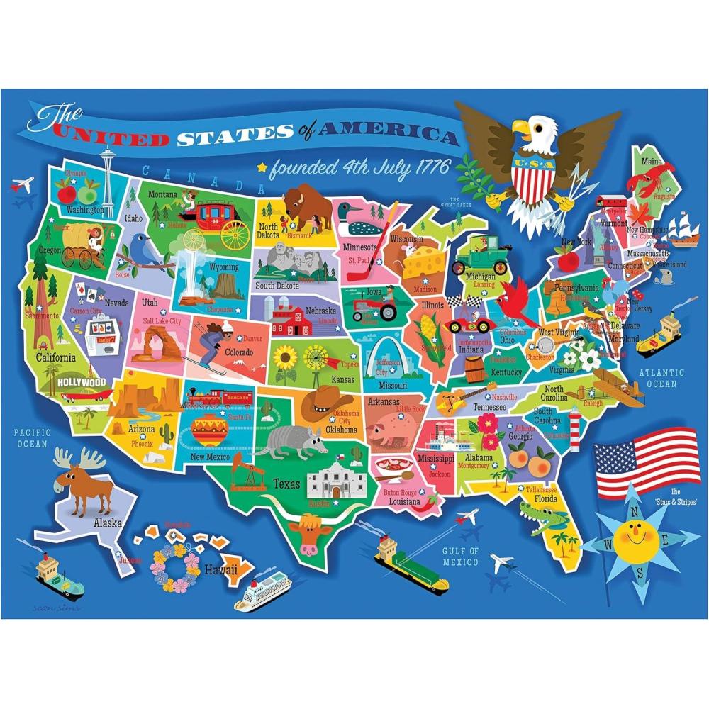 image:imageRoseArt Map of USA Puzzle for Kids 100 Large Pieces 24 x 18 Educational United States Puzzle with Fun State Illustrations Made in USA Learning Toy for Ages 6