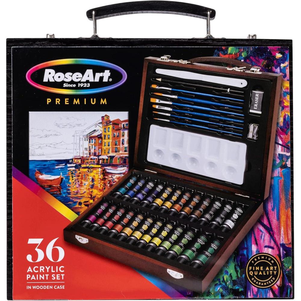 image:imageRoseArt Premium 36ct Acrylic Paint Set in Wooden Case Complete Acrylic Artist Set for Canvas Wood Ceramic and Fabrics Painting Supplies for Casual and Professional Artists 96ml 8440336 Count