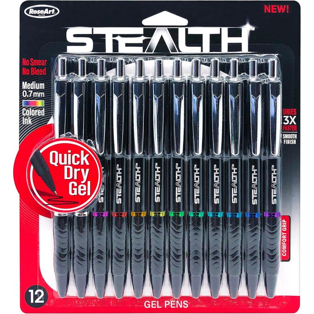 image:imageRoseArt Stealth Retractable 4 Count Medium 07MM Gel Pen with Comfort Grip 4 Classic Colors 2 Black 1 Blue1 Red No Smear No Bleed12 count