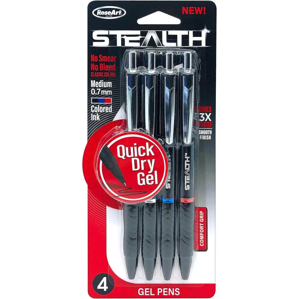 image:imageRoseArt Stealth Retractable 4 Count Medium 07MM Gel Pen with Comfort Grip 4 Classic Colors 2 Black 1 Blue1 Red No Smear No Bleed4 count