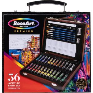 RoseArt Premium 36ct Acrylic Paint Set in Wooden Case -Complete Acrylic Artist Set for Canvas, Wood, Ceramic and Fabrics – Painting Supplies for Casual and Professional Artists, 9.6ml (84403)(36 Count)