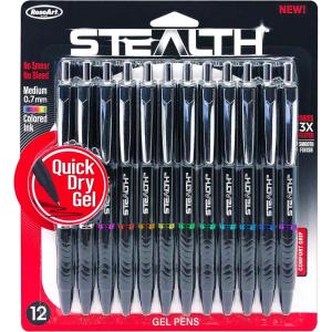 RoseArt Stealth Retractable 4 Count Medium 0.7MM Gel Pen with Comfort Grip, 4 Classic Colors, 2 Black, 1 Blue,1 Red, No Smear, No Bleed(12 count)
