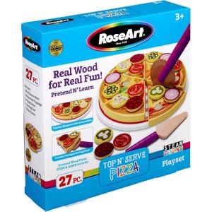 RoseArt Top n’ Serve Wood Pizza Parlor Play Set 27pc Pretend Play Kitchen Gift, for Toddlers Ages 3 and Up