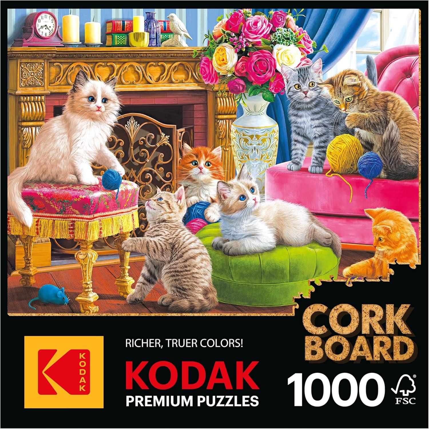 image:imageRoseArt Kodak Premium Cork Kittens by The Fireplace 1000 Piece Jigsaw Puzzle for AdultsKittens by the Fireplace