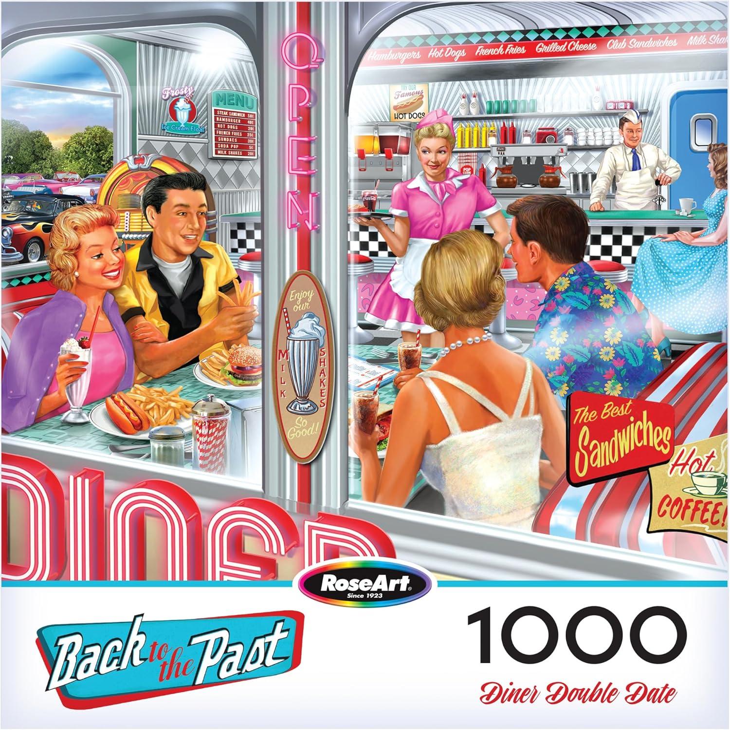 image:imageRoseArt Back to The Past Diner Double Date 1000 Piece Jigsaw Puzzle Vintage Retro Diner Puzzle for Adults Finished Size 26625 x 1925 Made in USA