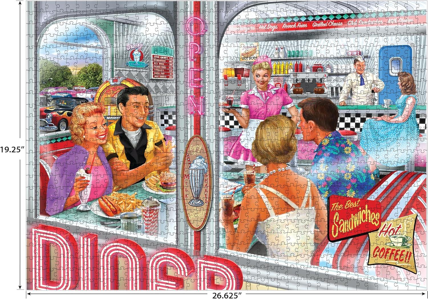 image:imageRoseArt Back to The Past Diner Double Date 1000 Piece Jigsaw Puzzle Vintage Retro Diner Puzzle for Adults Finished Size 26625 x 1925 Made in USA