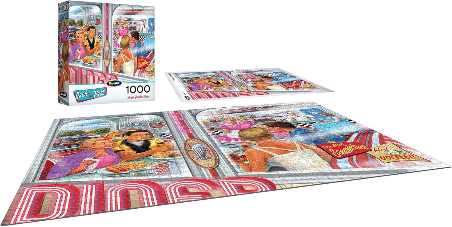 image:imageRoseArt Back to The Past Diner Double Date 1000 Piece Jigsaw Puzzle Vintage Retro Diner Puzzle for Adults Finished Size 26625 x 1925 Made in USA