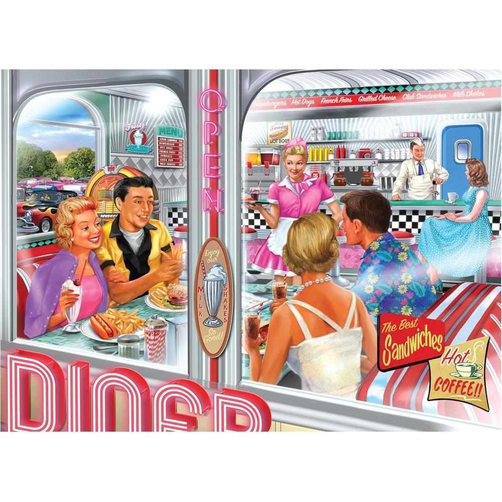 image:imageRoseArt Back to The Past Diner Double Date 1000 Piece Jigsaw Puzzle Vintage Retro Diner Puzzle for Adults Finished Size 26625 x 1925 Made in USA