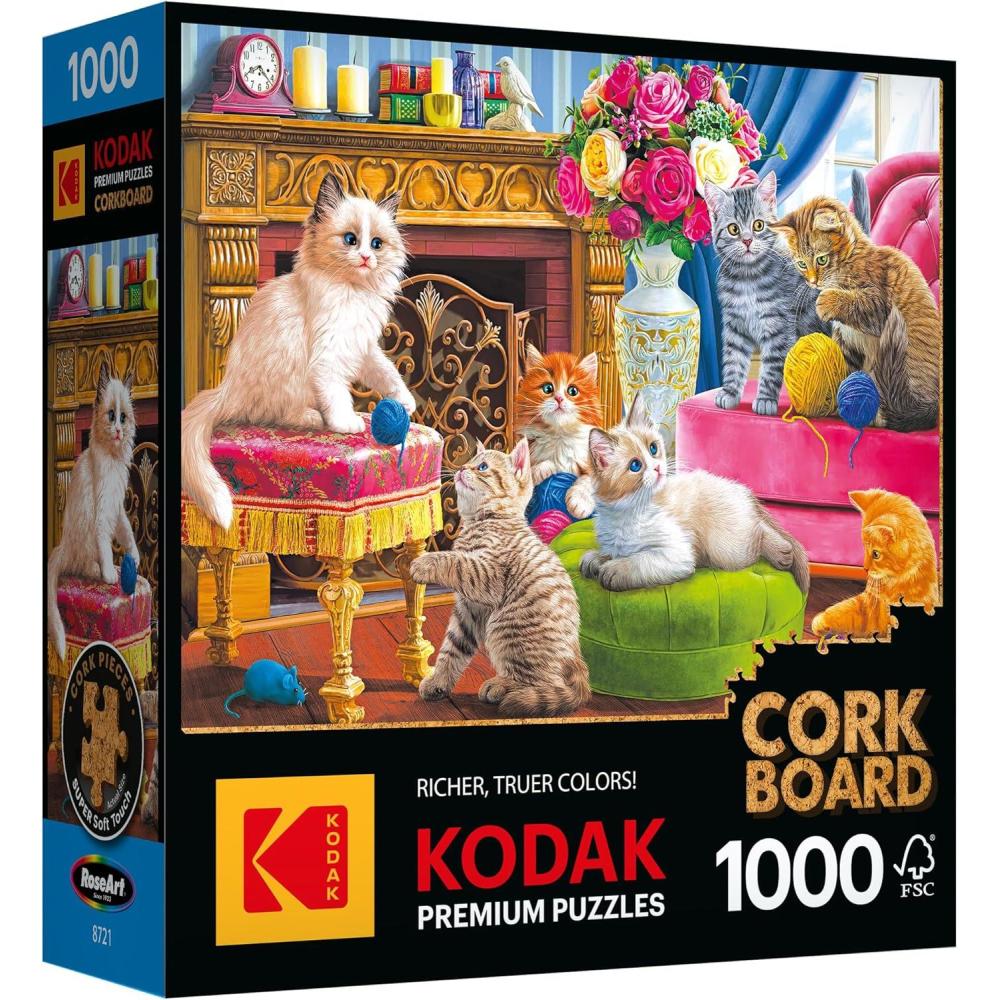 image:imageRoseArt Kodak Premium Cork Lakeside Home 1000 Piece Jigsaw Puzzle for AdultsKittens by the Fireplace